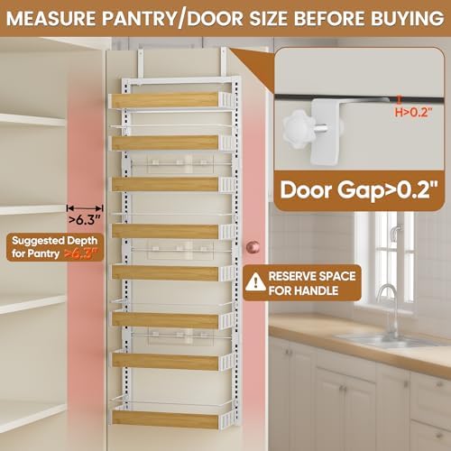 8 Tier Over The Door Pantry Organizer, 2 IN 1 Wall Mount or Hanging Spice Rack Seasoning Shelves with Adjustable Basket, Back of Door Organizer and Storage for Kitchen Cabinet and Room Closet