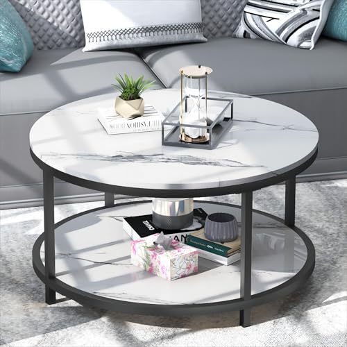 WiberWi Round Coffee Table 33.5" Coffee Tables for Living Room High Glossy Faux White Marble Top Modern Circle Table Sturdy Metal Frame Legs Cocktail Table with Storage Open Shelf