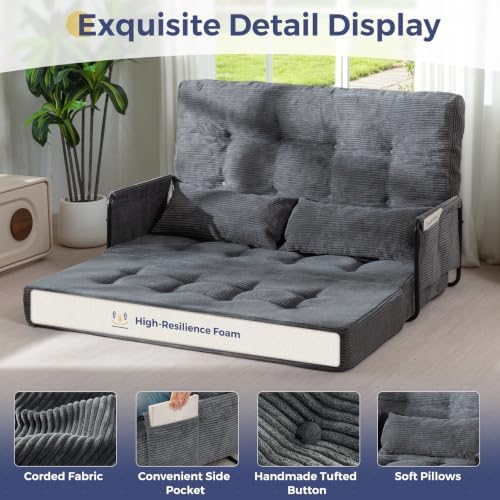 MAXYOYO 53" Adjustable Folding Sofa Bed Couch with 2 Pillows, Dark Grey