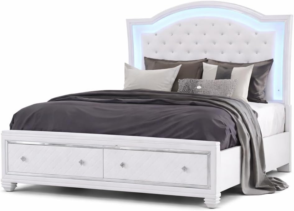 First of a Kind Shiney Contemporary 4 Piece King Bedroom Set High Gloss White Finish with Upholstered Headboard, Sleek Modern Bedroom Furniture Set for Coordinated Interiors