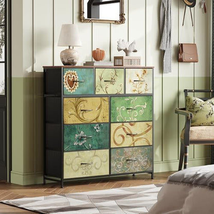 WLIVE Tall Dresser for Bedroom, 9 Drawer Chest of Drawers, Floral