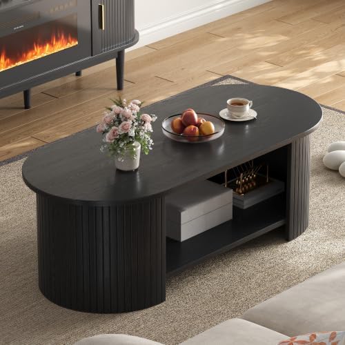 47" Oval Fluted Coffee Table, 2-Tier Center Table with Large Storage, Mid-Century Modern Wood Coffee Table for Living Room, Home Office, Small Space, Black