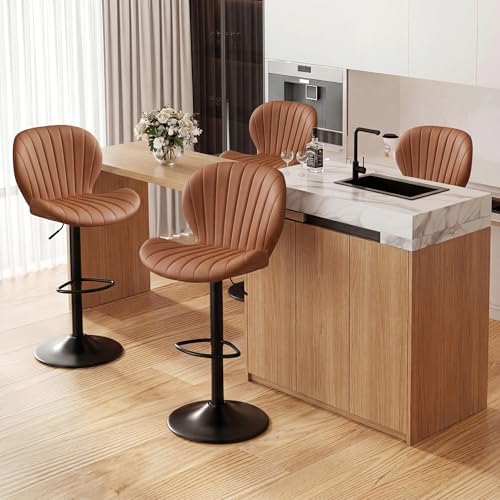 Bar Stools Set of 4, Modern Swivel Adjustable Bar Chairs, Faux Leather Upholstered Counter Height Bar Stools with Backrest, Comfort Barstools for Kitchen Island, Home Bar, Brown