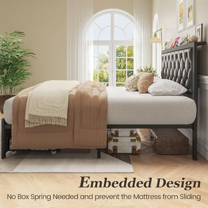 Queen Bed Frame with 2 Storage Drawers, Upholstered Headboard Button Tufted Bed Frame with Charging Station, No Box Spring Needed, Noise-Free, All Metal Structure, Black