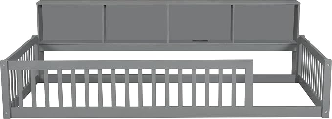 Bellemave Kids Montessori Floor Bed Twin XL Size,Floor Bed Frame with Bookcase and Charging Station for Kids Boys Girls,Gray