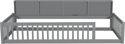 Bellemave Kids Montessori Floor Bed Twin XL Size,Floor Bed Frame with Bookcase and Charging Station for Kids Boys Girls,Gray