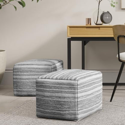 SIMPLIHOME Carina Contemporary Square Woven Pouf in Black Melange/White Wool for the Living Room, Bedroom and Kids Room