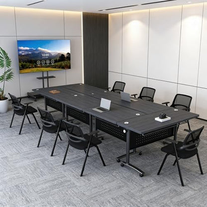 Folding Conference Table, Conference Room Tables with Wheels Foldable Large Rectangle Meeting Seminar Table for 6-12 People, Flip Top Mobile Training Table for Office Classr (4, Black 4, 55.1in)