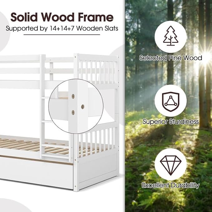 NAFORT Twin Over Full Bunk Bed with Trundle, Solid Wood Bunk Bed Frame, Ladder & Guardrails, Converts to 2 Platform Beds for Kids/Teens/Guests (White, Twin Over Twin with Trundle)
