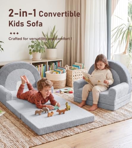 2-in-1 Extra Large Kids Couch Fold Out, Soft Kid Sofa for Playroom, Gray