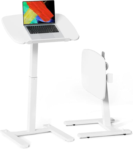 JOY worker Low Height Small Mobile Standing Desk for Couch, Height Adjustable TV Tray Table with 90° Foldable MDF Desktop, Portable Laptop Desk with Low Base & Lockable Hidden Casters, White
