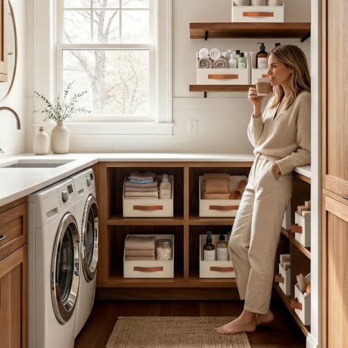 Fabric Storage Bins for Organizing - 10 Pack Large Trapezoid Collapsible Storage Bins with Front Handle, Closet Organizers and Storage for Bedroom, Home Shelves, Small Spaces, Beige