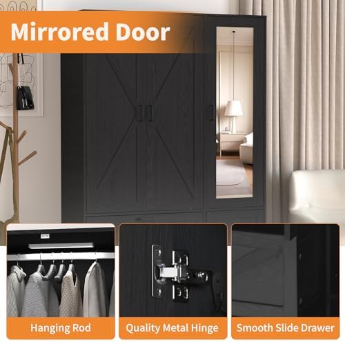 72'' Armoire Wardrobe Closet with Mirror Door & Light, Farmhouse Bedroom Clothes Cabinet with 4 Doorrs + Hanging Rod + 2 Drawers, Wooden Wardrobe Cabinet with Adjustable Shelf for Bedroom