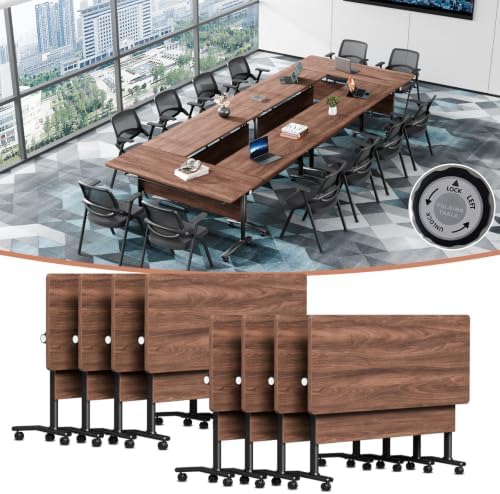 Modern Conference Table, Folding Modular Conference Room Tables with Wheels, Flip Top Mobile Training Table for 6-12 People, Foldable Rectangle Meeting Seminar Tables for Office(Walnut4,8PCS 47.2in)