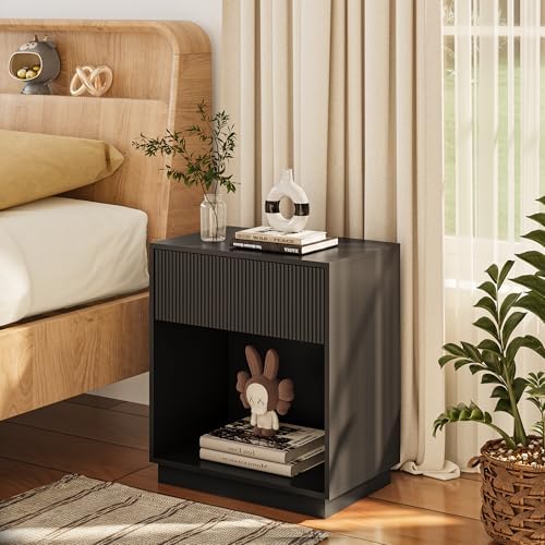 Fluted Nightstands Set of 2, Modern Bedside Table with Drawer and Open Storage Shelf, Wood End Table Mid Century Night Stands for Bedroom Small Spaces, Black