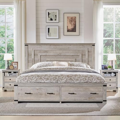T4TREAM 54" Tall Farmhouse Queen Size Bed Frame, Light Rustic Oak