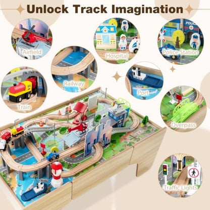 Costzon 110-Piece Wooden Train Table with Drawer for 3+ Years Old Toddlers