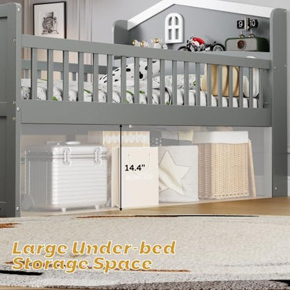 Bellemave Kids Twin Platform Bed with 4 Drawers & Storage Headboard, Wooden Twin Bed Frame with Safety Guardrails & Ladder for Kids Girls Boys, Gray