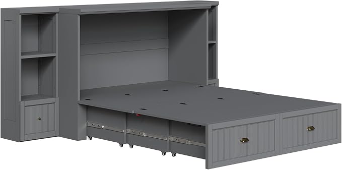 AMERLIFE Full Size Murphy Bed with Bedside Tables, Foldable Cabinet with 3 Storage Drawers & Charging Station, Farmhouse Hideaway Bed for Bedroom/Office/Guest Room, Grey