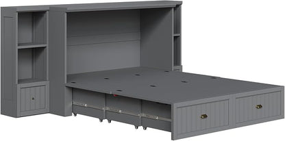 AMERLIFE Full Size Murphy Bed with Bedside Tables, Foldable Cabinet with 3 Storage Drawers & Charging Station, Farmhouse Hideaway Bed for Bedroom/Office/Guest Room, Grey
