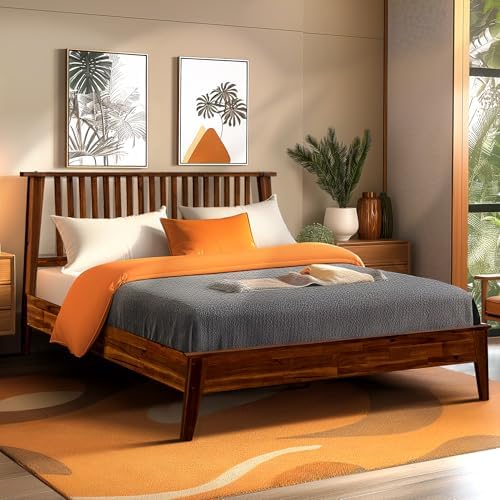 Acacia Kaylin Bed Frame with Headboard Solid Wood Platform Bed, King Bed Frame, Themed Headboard Wood Bed Compatible with All Mattress Types, No Box Spring Needed, Quick & Easy Assembly, Chocolate.