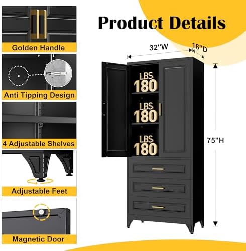 SteeLoong 75" Metal Storage Cabinet with Doors and 2 Adjustable Shelves