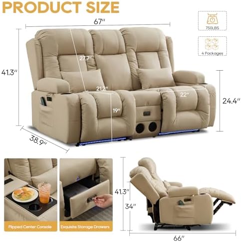 IPKIG Power Loveseat Recliner Sofa with Flip Back Console, 67" - 3 Seat