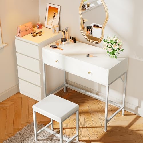 SUPERJARE 35.4" White Desk with 2 Drawers, Modern Makeup Vanity