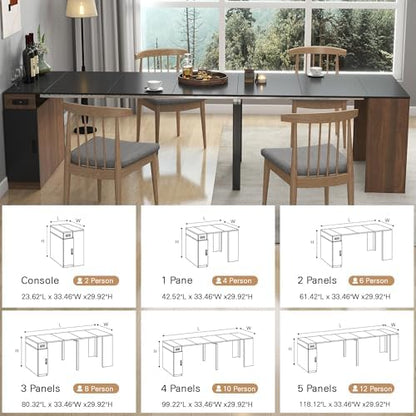 24"-118" Extendable Dining Room Table with Storage and Outlet, Walnut&Black
