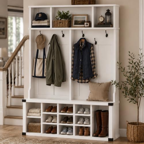 Garvee Farmhouse Entryway Hall Tree with Bench, Shoe Storage & Coat Rack