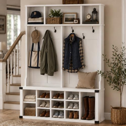 Garvee Farmhouse Entryway Hall Tree with Bench, Shoe Storage & Coat Rack