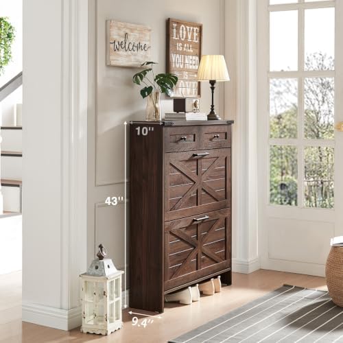 Barnyatoh Farmhouse Shoe Cabinet with 2 Flip Drawers & 2 Storage Drawers