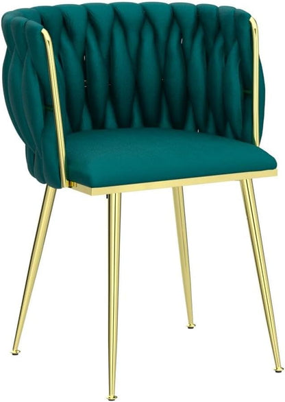 Velvet Dining Chairs Set of 2, Modern Dining Chair with Golden Metal Legs, Woven Upholstered Dining Chairs for Dining Room, Kitchen, Vanity, Living Room (Green)