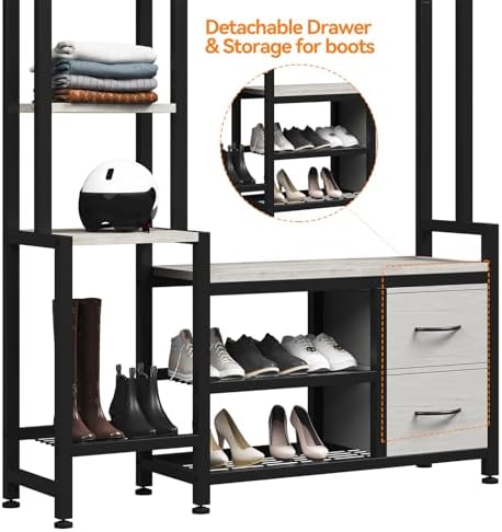 Hall Tree for Entryway 43", Bench with Shoe Storage, Large Coat Rack Shoe Bench with 5 Tier Shelves, 5 in 1 Design Front Door Shoe Rack and Wall Rack Hooks, and 2 Drawers (Rustic White)
