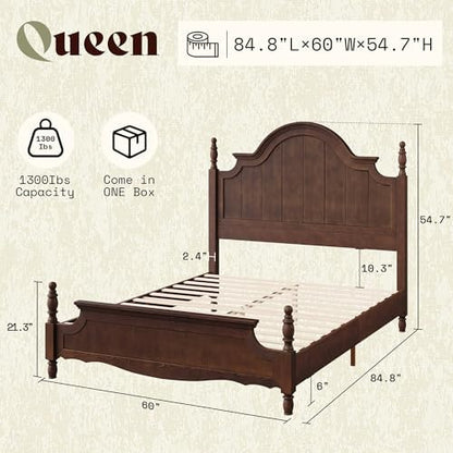 AMERLIFE Queen Solid Wood Poster Bed with Arched Headboard, Dark Walnut