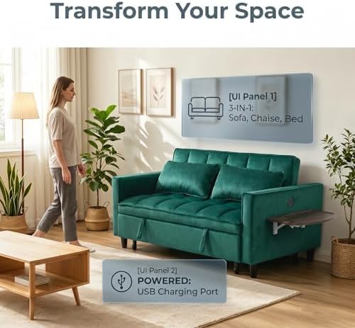 4 in 1 Convertible Sofa Bed, Pull Out Couch with Adjustable Backrest, Loveseat Sleeper Sofa Bed with USB Ports and Side Table, Couch Beds for Living Room, Bedroom, Apartment, Green