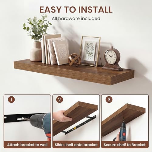 Dreamland 32 Inches Floating Shelves for Wall, 9.3" Deep Long Floating Shelves Set of 2, Large Display & Storage Shelf, Wall Shelf for Bathroom Bedroom Living Room Kitchen Office, Walnut
