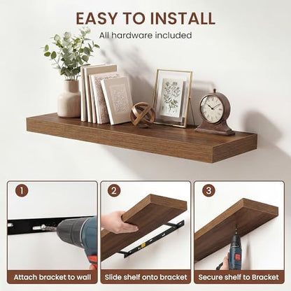 Dreamland 32 Inches Floating Shelves for Wall, 9.3" Deep Long Floating Shelves Set of 2, Large Display & Storage Shelf, Wall Shelf for Bathroom Bedroom Living Room Kitchen Office, Walnut