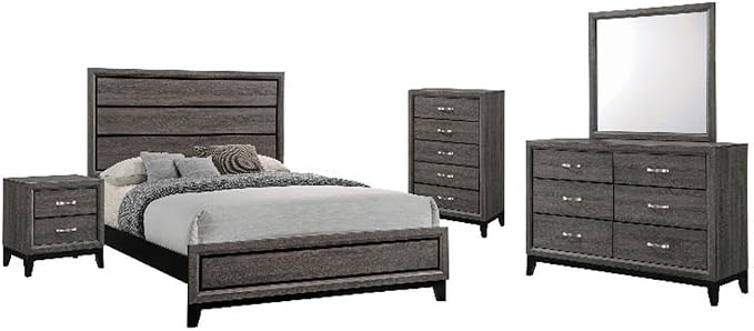 Pemberly Row 5-Piece Wood Queen Bedroom Set, Gray Oak Finish, Includes Panel Bed, Dresser with Mirror, Nightstand, Chest, Durable Rubberwood Construction, Modern Style for Master or Guest Bedrooms