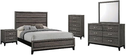 Pemberly Row 5-Piece Wood Queen Bedroom Set, Gray Oak Finish, Includes Panel Bed, Dresser with Mirror, Nightstand, Chest, Durable Rubberwood Construction, Modern Style for Master or Guest Bedrooms