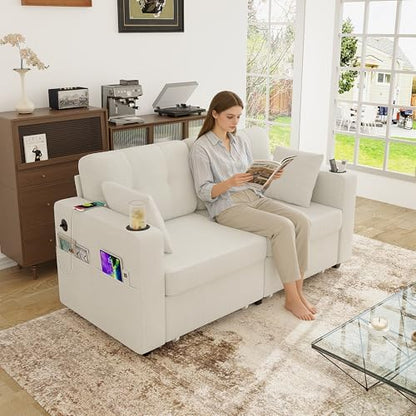 YOPTO 68" 2-seat Sofa, USB Charging, Storage & Cup Holders, Chenille, Beige
