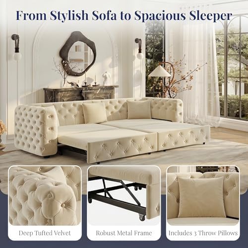 NicBex 89" 4-Seater Queen Size Pull Out Sofa Bed with 3 Pillows, Beige