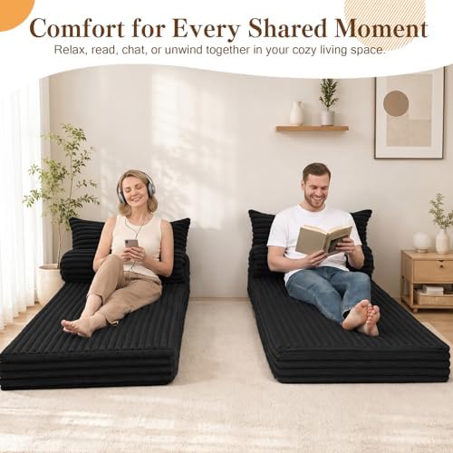 MeMoreCool Convertible Sofa Bed Queen, Corduroy Folding Couch Bed, Black