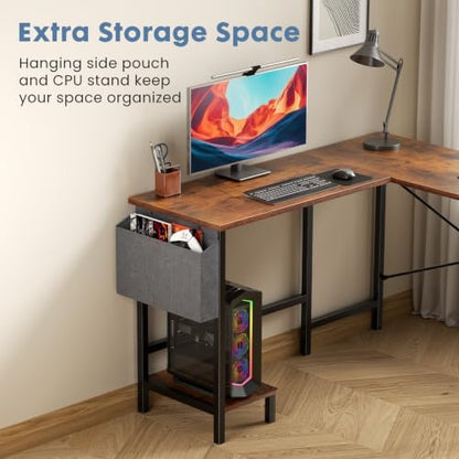 DUMOS L Shaped Computer Desk with PC Stand, Corner Workstation, Brown