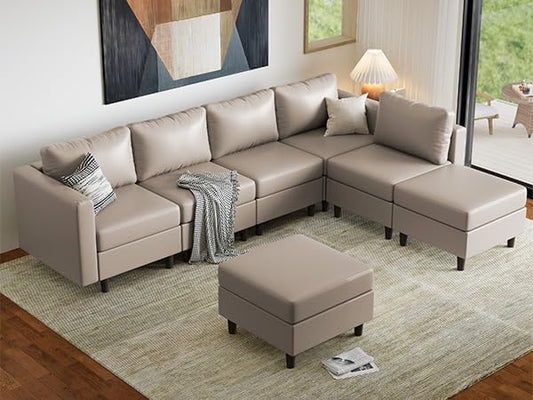 ABCASA Faux Leather Sectional, Modular Sectional Sofa with Storage Seats, 7 Seat Faux Leather Modular L Shaped Couches with Movable Ottoman for Living,Whitesand