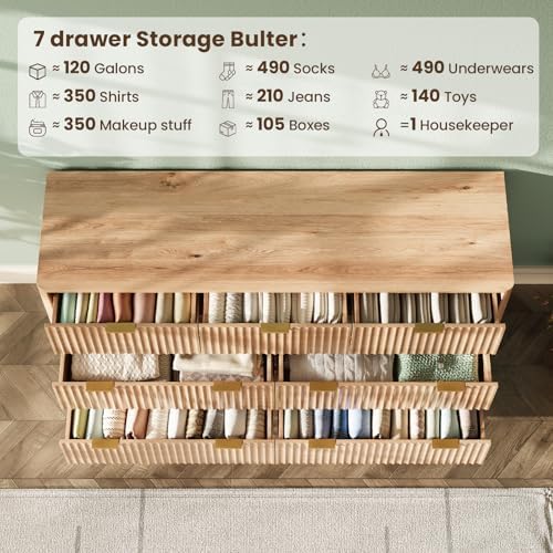 54" Wide Fluted 7 Drawers Dresser for Bedroom,Curved Edge,Oak