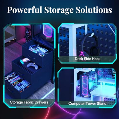 59" Reversible Gaming Desk with LED Lights Power Outlets