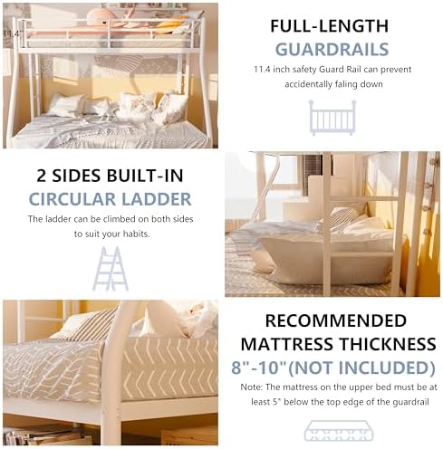 Metal Bunk Beds with Double Secured Ladders, Twin Over Full Bunk Bed with Surrounded Safety Guardrails, Space Saver Twin Beds, Noise Free for Small Bedroom, with Trundle, White