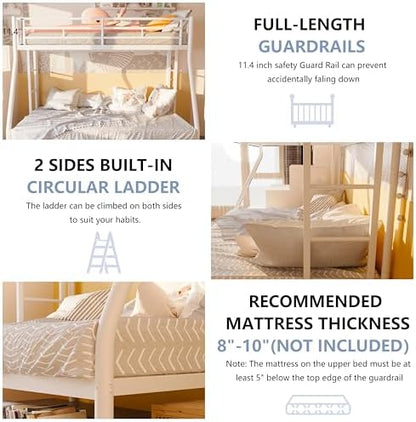 Metal Bunk Beds with Double Secured Ladders, Twin Over Full Bunk Bed with Surrounded Safety Guardrails, Space Saver Twin Beds, Noise Free for Small Bedroom, with Trundle, White