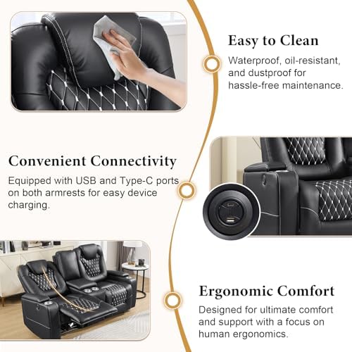 ANJ Faux Leather 3-Piece Power Reclining Set, Dual Recliners & 3-Seat Sofa with USB, Black